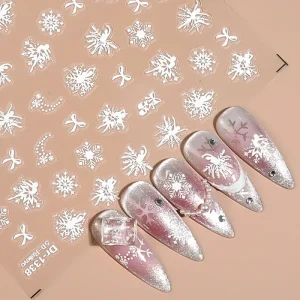 Leidankou Winter Snowflake Nail Stickers Elegant White and Silver Nail Decals for Frosty Seasonal Manicure