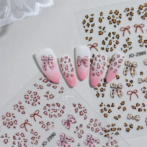 Leopard Pattern Butterfly Nail Stickers Bow Nail Decals Charms Manicure Decoration