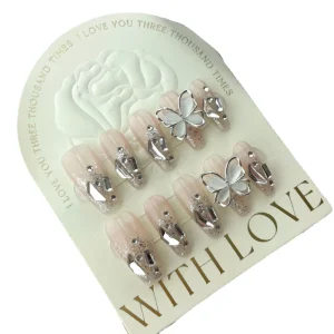 Long False Nails Acrylic Ballet French Butterfly False Press On Nails Glitter Artificial Nails