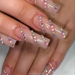 Long Length Faux Nails with Rhinestones Wearable Nail Tips