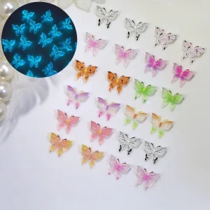 Luminous Fairy Butterfly Nail Accessories 3D Colorful Gradient Crystal Aurora Resin Butterfly DIY Nail Charms Decoration