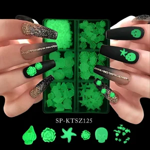 Luminous Nail Charms Glow in the Dark Resin Nail Art Decorations with Rose Skull Starfish Shell Shapes for Halloween Party