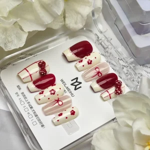 Luxury 10Pcs Acrylic Short Square Press on Nails Handmade Red White Stick on Nails with 3D Bow Cherry & Flower Design