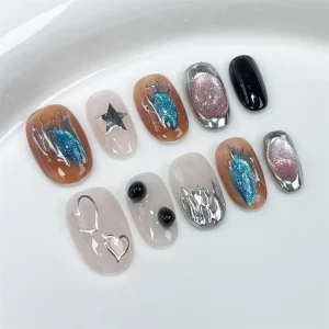 Luxury 3D Press on Nails Gel Short Square Fingernail Artificial False Nails With 3D Rhinestone Fake Nails