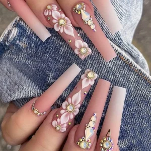 Luxury Bling Floral Fake Nails Nude Gradient Matte 3D Flower Multi-Size Rhinestone Long Coffin Press on Nails