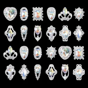 Luxury Bling Silver Metal Alloy Flat Back Square Heart Crown Crystal Decoration Accessories Charms 3D Rhinestones Nail Art