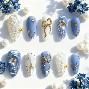 Luxury Blue White Bow Pearl Star Press on Nails Reusable Acrylic False Nails