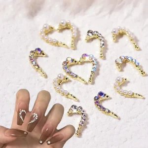 Luxury DIY Half Left Right Heart Shiny Nail Art Charms Rhinestones 3D Alloy Pearl Nail Charm Decals