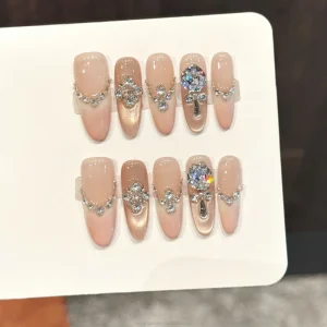 Luxury False Nail Art Artificial Fingernails Long Oval Nude Pink Champagne Handmade Press on Nails with Diamond