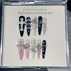 Luxury False Nail Art Coffin Artificial Fingernails French Black Pink Long Stiletto Handmade Press on Nails
