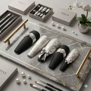 Luxury Handmade Press On Nails Custom Long Coffin 3D Bow Pearl Floral Matte Black Reusable False Nails Art
