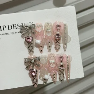 Luxury High Quality False Nail Art Coffin Artificial Fingernails White Pink Ballerina Handmade Press On Nails with Heart
