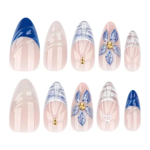 Luxury Press on Nails 3D Blue Florals Small Gold Pearls Suitable For Multiple Occasions Gel Press on Nails
