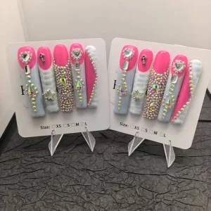 Luxury Private Label Press On Acrylic Nail Tips Handcrafted Thick Design Rhinestones For Fingers Customizable Artificial Nails
