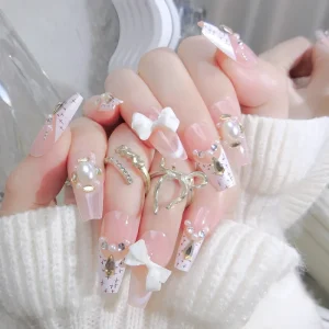 Luxury Sweet Artificial False Nails Artificial Finger Butter Scented Pearl Charm Handmade Press On Nail