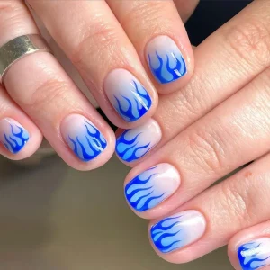 MEN DY 1206 Men’s Blue Flame Gradient Press on Nails Reusable Full Cover False Nails Transparent Base Design 24PCS