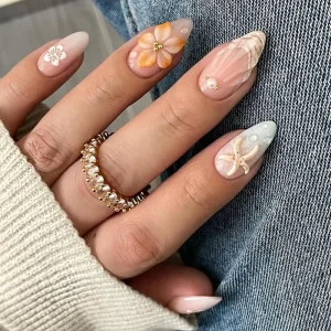 Medium Almond Shaped Press on Nails with 3D Seastar Flower and Pearl Design Full Coverage