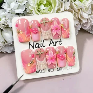Medium Square Acrylic 3D Flower Nude French Style Faux Ongles Reusable Custom Handmade Press on Full Cover Finger Nail Art