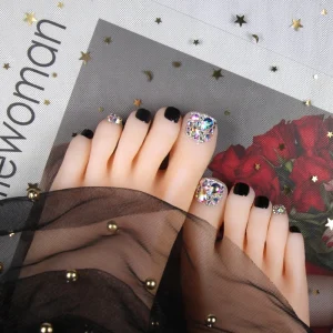 Melason High Quality Pre Glue Glitter False Nails Flower Design Press on Nails Toe Nails With 2g Glue