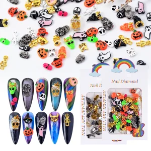 Metal 3D Pumpkin Skull Bat Halloween Festival Press on NailS Art Charms Manicure Cute Cartoon Decorations for DIY