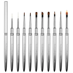 Metal Handle 10PCS Nail Art Oval UV Gel Nail Brushes Set and Detail Brushes Nail Art Brushes