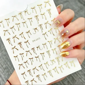Mixed Color Bow Nail Art Stickers 3D Cute Red Black Pink Bowknot Nail Charms Foils Gold Laser Effect Bow Manicure Decor
