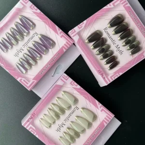 Moonlight Muse 12 Piece ABS Press On French Tips Gel Nails Metallic Almond Design Non Toxic Long Lasting Easy Application for