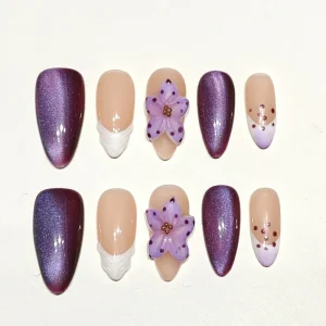 Muhaha Trend Design Brand Press On Nails Purple Cat Eye Ocean Flower