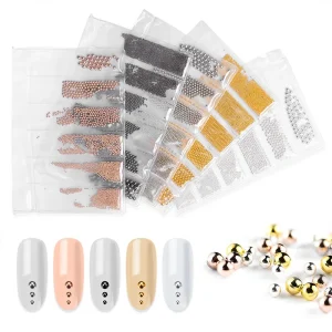 NAR037 3D Nail Drill Beads Stainless Steel Nail Sticker Decorations Studs Rose Gold Silver Caviar Manicure Nails Tips Box