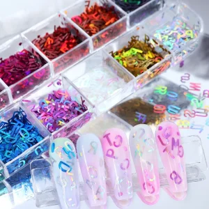 NAR051 Plastic Nail Art Sequins English Letters Glitter 3D Holographic Sticker Box Manicure Decorations Design