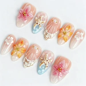NBL JX 164 Summer Ocean 3D Embossed Almond Press on Nails Reusable Full Cover False Nails 30PCS