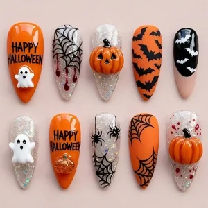 NBL JX 220 Halloween 3D Embossed Press on Nails Luxury Reusable Full Cover False Nails Glossy Nail Tips 30PCS