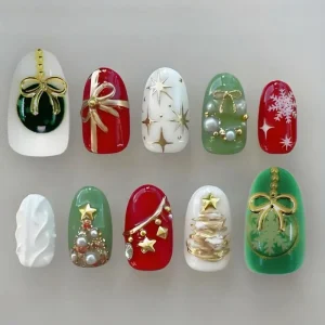 NBL JX 89 Christmas Star Bow Snowflake Rhinestone Press on Nails Reusable Full Cover False Nails 30PCS