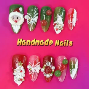NBL SG 73 Hand Painted Christmas Santa Star Snowflake Pearl Press On Nails Almond Shape Reusable False Nails 24PCS