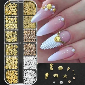 Nail Accessories 12 Grids Sea Style Sea Star Charms Pearl Rhinestone Nail For Summer Nail Decoration