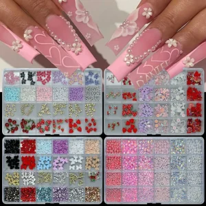 Nail Art Accessories 24 Grids Sweet Butterfly Plastic Pearl 3D Bow Nail Charms for Nail Beauty