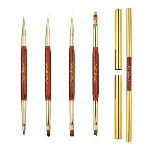Nail Art Brushes Set for Gel 4PCS Double Head Nail Red Wood Metal Handle Liner French Oval Nail Brush Set for Salon DIY Manicure