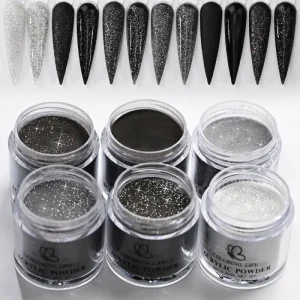 Nail Art Crystal & Acrylic Carving Powder 3 in 1 6 Colors French Tip Extension Glitter Black White Nail Powder