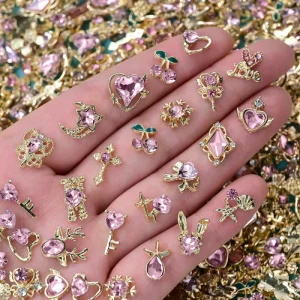 Nail Art Decoration Accessories 30pcs Pack Mixed Styles Metal Alloy Luxury Pink Zircon Rabbit Angel Nail Rhinestone Charms