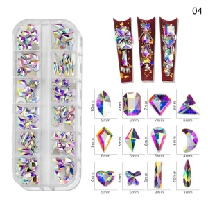 Nail Art Design 12Gird Multi Size Rhinestones Flatback Crystal 3D Glitter Nail Art Luxurious Decorations