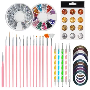 Nail Art Design Kit Professional Nail Brushes Dotting Tools Rhinestones Striping Tapes Foil Sheets for DIY Manicure