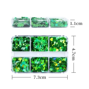 Nail Art Designs 6 Grids St. Patrick’s Day Green Leaf Love Heart Musical Note Sequins for Nail Art Decoration