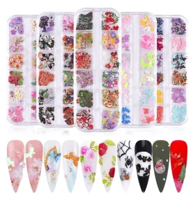 Nail Art Sequins Mix Halloween Christmas Wood Pulp Nail Flake 3D Emulation Butterfly Colorful Flowers Manicure Decorations