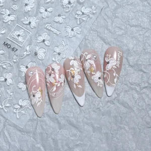 Nail Charm Embossed White Flower Nail Art Decals Self Adhesive 3D Relief Flower Nail Sticker