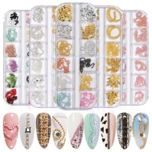 Nail Charms 12 Grid Metal Chains Manicure Jewelry Colorful 3D Metallic Chain Nail Art Accessories Customized LOGO