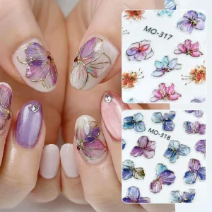 Nail DIY Design 3D Purple Flower Petal Nail Decals Relief Gold Border Flower Nail Art Stickers for Manicure Charms Decorations