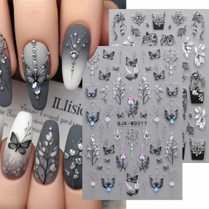 Nail Decor Dark Flowers Leaves Nail Decals 5D Embossed Butterfly Nail Art Sticker for Manicure