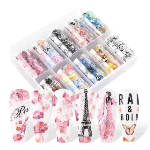 Nail Decorations Foil Paper 2D Retro Pink Butterfly Tower Designs Starry Sky Transfer Sticker Set Nail Art High Quality