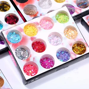 Nail Polish Sequin Glitter, 12-Color Shell Paper Pearlescent Powder, Laser Diamond-shaped Heart Nail Polish, DIY Slime Material