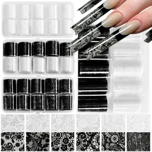 Nail Stickers Black and White Flower Lace Strips 2.5*50cm Transfer Nail Art Foil Stickers